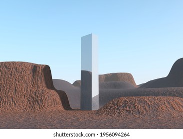 A mysterious metallic monolith in the middle of a rocky desert landscape. 3d Illustration
