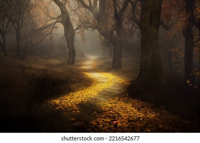 Mysterious pathway. Footpath in the dark, foggy, autumnal, misty forest with high trees. Arch through autumnal forest with yellow leaves. illustration - Powered by Shutterstock