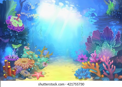 Mysterious And Peaceful Undersea World. Video Game's Digital CG Artwork, Concept Illustration, Realistic Cartoon Style Background
