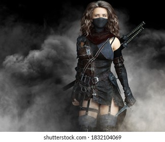 Mysterious silent rogue assassin female piercing through the smoke toward her target . Fantasy 3d rendering