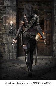 
Mysterious Silent Rogue Assassin Female Piercing Through The Darkness Stalking Toward Her Target . Fantasy 3d Rendering