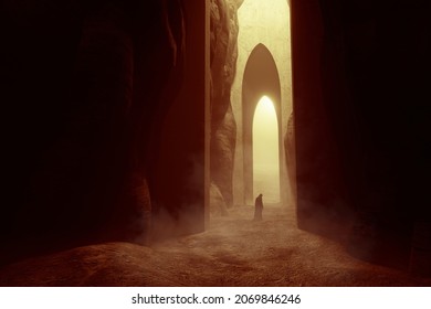 Mysterious Silhouette In Surreal Ancient Cave With Building Ruins, 3d Illustration