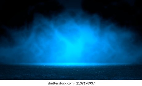 Mysterious smoke background in blue neon light over old asphalt. Street with a dark horror atmosphere. Night scene with fog without people. Horror smoke road. Background with smog.
