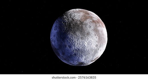 Mysterious surface of dwarf planet pluto against starlit space backdrop.