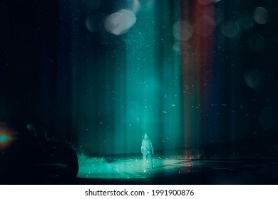 A Mysterious UFO Concept. Of A Man Next To A Car, Standing In The Middle Of A Road Looking Up At The Night Sky. As A Glowing Beam Of Light Comes Down From The Sky. With A Retro, Grunge Edit.