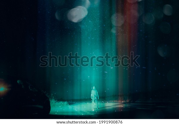 A mysterious UFO concept. Of a man next to a car,\
standing in the middle of a road looking up at the night sky. As a\
glowing beam of light comes down from the sky. With a retro, grunge\
edit.