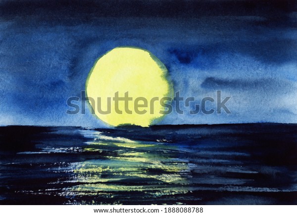 Mysterious watercolor landscape of starless night\
sky with huge full moon hanging over deep dark sea. Calm water\
surface reflects moonlight. Hand drawn illustration of beautiful\
night view
