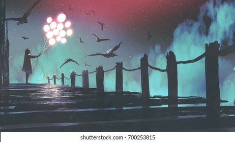 mysterious woman in cloak holding glowing balloon standing among crows on the bridge, digital art style, illustration painting