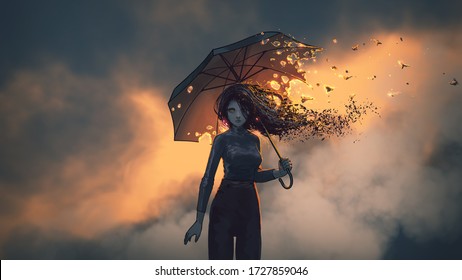 mysterious woman holds the burning umbrella standing against sunset sky background, digital art style, illustration painting