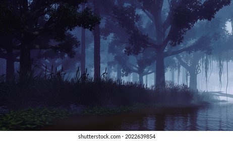 Mysterious woodland landscape with old creepy tree silhouettes on overgrown shore of swampy forest river at dark foggy dusk or night. With no people fantasy 3D illustration from my own 3D rendering.