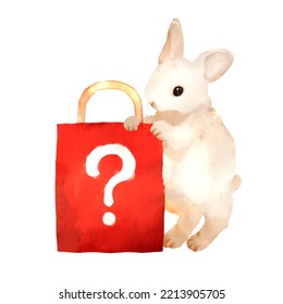 Mystery Bag And Cute White Rabbit. Watercolor Style Illustration On White Background.