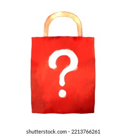 A Mystery Bag With A Question Mark Written On It. Watercolor Style Illustration Set On White Background.