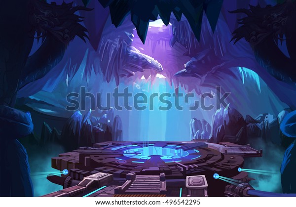 Sfビルの謎の洞窟 ビデオゲームのデジタルcgアートワーク コンセプトイラスト リアルな漫画スタイルの背景 のイラスト素材
