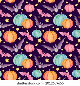 Mystery halloween seamless pattern: watercolor bats, pumpkins and stars on a purple dark night backgrouns. Cute and spooky wallpaper, fabric texture, gift wrapping paper. Fall season holiday decor