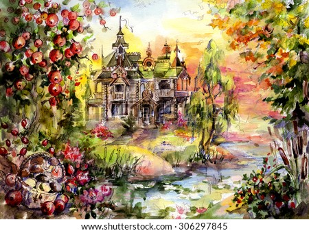 Mystery House in the woods, surrounded by trees and water - the best place for vacation or life fairy-tale characters. And humans.
Hand illustration - watercolor and graphics on paper.