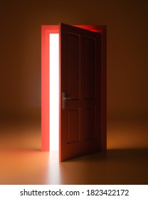 Mystery Light From Open Red Door. 3d Render. 