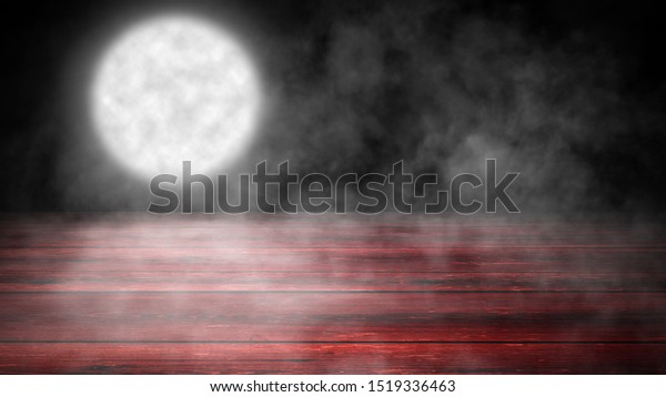 Mystery moon with\
smoke on red wooden tabletop. Mystical dark night background for\
design and\
copyspace.