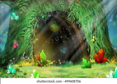Mystery Tree Hole. Video Game's Digital CG Artwork, Concept Illustration, Realistic Cartoon Style Background
