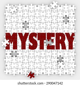 Mystery Word On Puzzle Pieces To Illustrate Solving An Unknown Problem Or Uncertainty With A Solved Answer