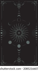 Mystic dark background with an ornate geometric frame including a sun and moon phases. Occult vertical banner with crescents and magical symbols. Cover for a tarot card