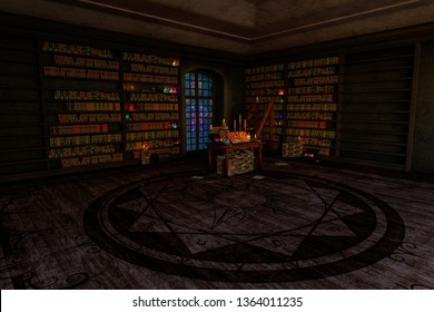 Mystic Room Or Alchemist`s Study Room With Candles, Books, Bottles And Alchemical Symbols, With Zoom In On The Book From The Enter Hall. 3d Illustration