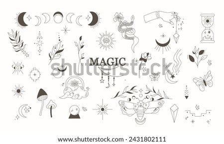 Mystic vector items, moon, hands, crystals, planets. Doodle astrology style. Doodle esoteric, boho mystical hand drawn elements. Magic and witchcraft, witch esoteric alchemy. Icons set. Vector