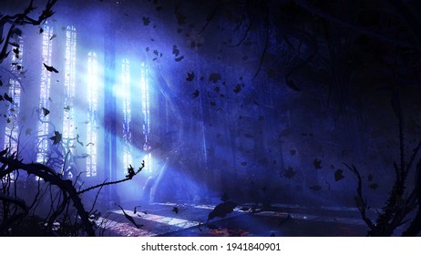 A mystical abandoned room of a Gothic building with stained glass windows from which bright moonlight shines, thorny plants everywhere, and dry leaves flying in the air. 2d illustration.