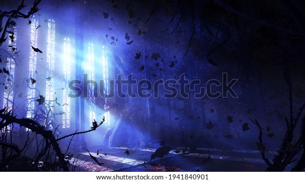 A mystical abandoned room of a Gothic\
building with stained glass windows from which bright moonlight\
shines, thorny plants everywhere, and dry leaves flying in the air.\
2d illustration.