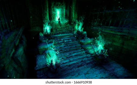 Mystical ancient temple with steps made of stone, on the sides of the stairs are altars with a bright burning green fire, at the entrance to the temple a glowing passage near which stands the wizard .