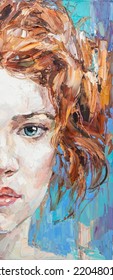 Mystical Blue-eyed Nymph With Fiery Red Curly Hair. Oil On Canvas.  Background Is Aquamarin.	       