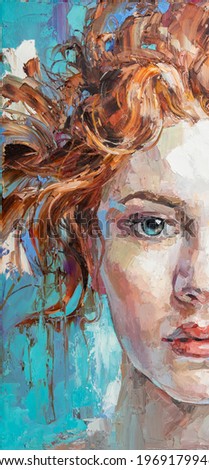 Mystical blue-eyed nymph with fiery red curly hair. Oil on canvas.  Background is aquamarin.	       