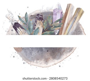 Mystical composition designed as a frame for logo or card template, featuring palo santo wood, healing herbs, and magical crystals arranged on a black watercolor stain background. Dark spiritual aesth