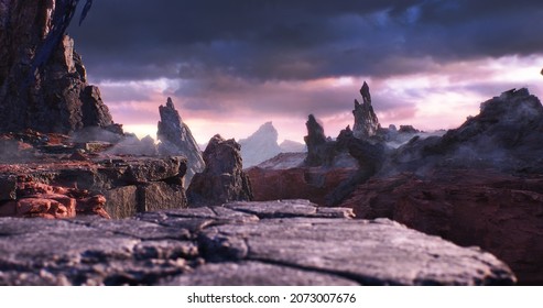 The Mystical Dark World Of Rocks. Cinematic View. 3d Render