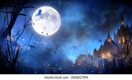 A mystical fairy-tale landscape of a night sinister kingdom with a huge moon, a blue night starry sky, a swamp in the foreground and large castles with glowing windows in the second. 3D rendering