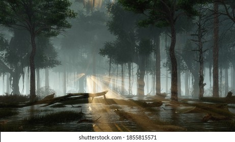 Mystical forest swamp with supernatural firefly lights soaring in a last sun rays shining through creepy dead tree silhouettes at dark misty night. Fantasy 3D illustration from my 3D rendering file.