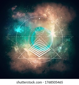 Mystical geometry symbol. Linear alchemy, occult, philosophical sign. For music album cover, poster, sacramental design. Astrology and religion concept. Glowing dust