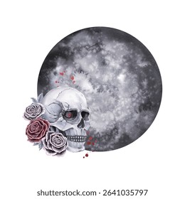 Mystical gothic composition with human skull, full moon, roses and spider in gray, black and red colors. Watercolor illustration for print, poster, cover, postcard.