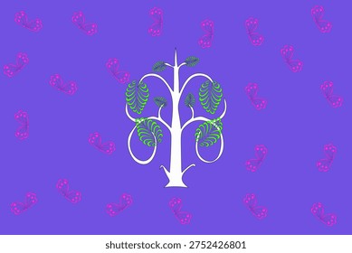 A mystical and modern seamless pattern featuring a central sage-green arbor tree surrounded by a rhythmic scattering of delicate pink butterfly motifs on a regal royal purple background.