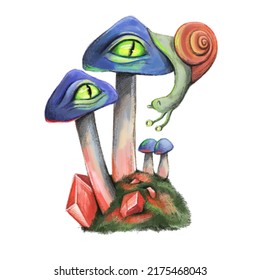 Mystical Monster Mushrooms With Eyes. Magic Crystals. Snail. Magical Forest. Mysterious Glow.