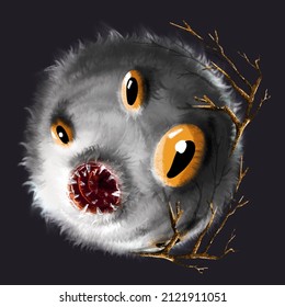 Mystical Monster. Round, Fluffy, Many-eyed. Raster Illustration