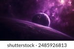 Mystical Purple Outer Space Scene, Planet in a Purple Galaxy