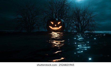 Mystical Scene With Pumpkin Floating On Dark Water At Night. Scary Atmosphere Without People. Creepy Halloween Creative Style. Modern 3D Illustration - Powered by Shutterstock