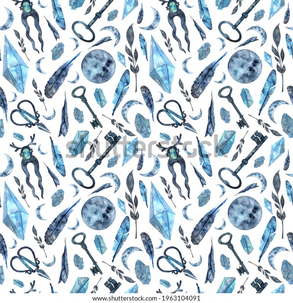 Mystical seamless pattern of esoteric elements.\
The magic of plants, crystals and metal objects. Blue watercolor\
elements.