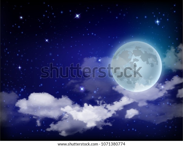 Mystical Sky Full Moon Against
the background of the galaxy and Milky Way. Moonlight night.
Realistic clouds. Shining Stars on dark blue sky.  illustration
background.