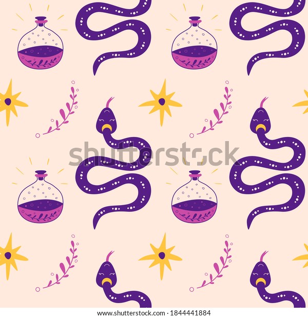 Mystical snake,\
star. Occult pattern Magical occult elements snake, potion, star.\
Graphic boho spiritual\
background