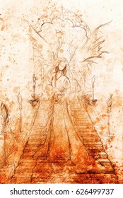 Mystical woman angel standing at staircase and the portal the top  Color effect 