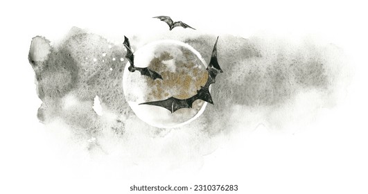 Mysticism print night clouds  full moon   bats  Watercolor halloween postcard 
