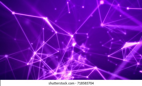 Mystifying 3d rendering of some anvanced futuristic expedition through light pink network with sparkling spots, thin lines, numerous pyramid looking links in the dark violet  background