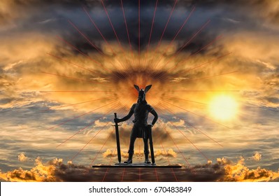 Mythical figure of Old Norse god Odin with sword against backdrop of a dramatic sky with gloomy storm clouds, red lines and bright rising sun, Viking theme, creative illustration