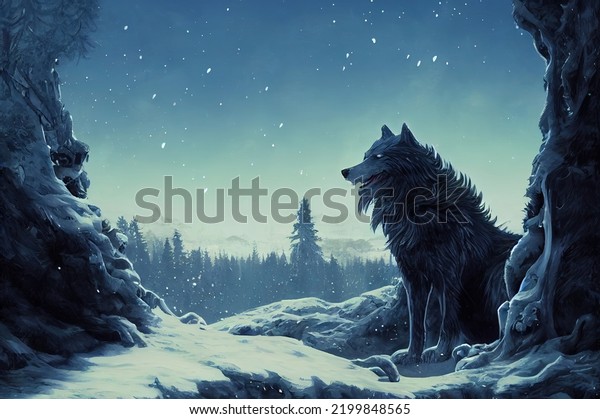 Mythical and legendary monster\
giant wolf named Fenrir from the old norse mythology. Very nice\
illustration with cold winter landscape and a wolf sitting near a\
cave.